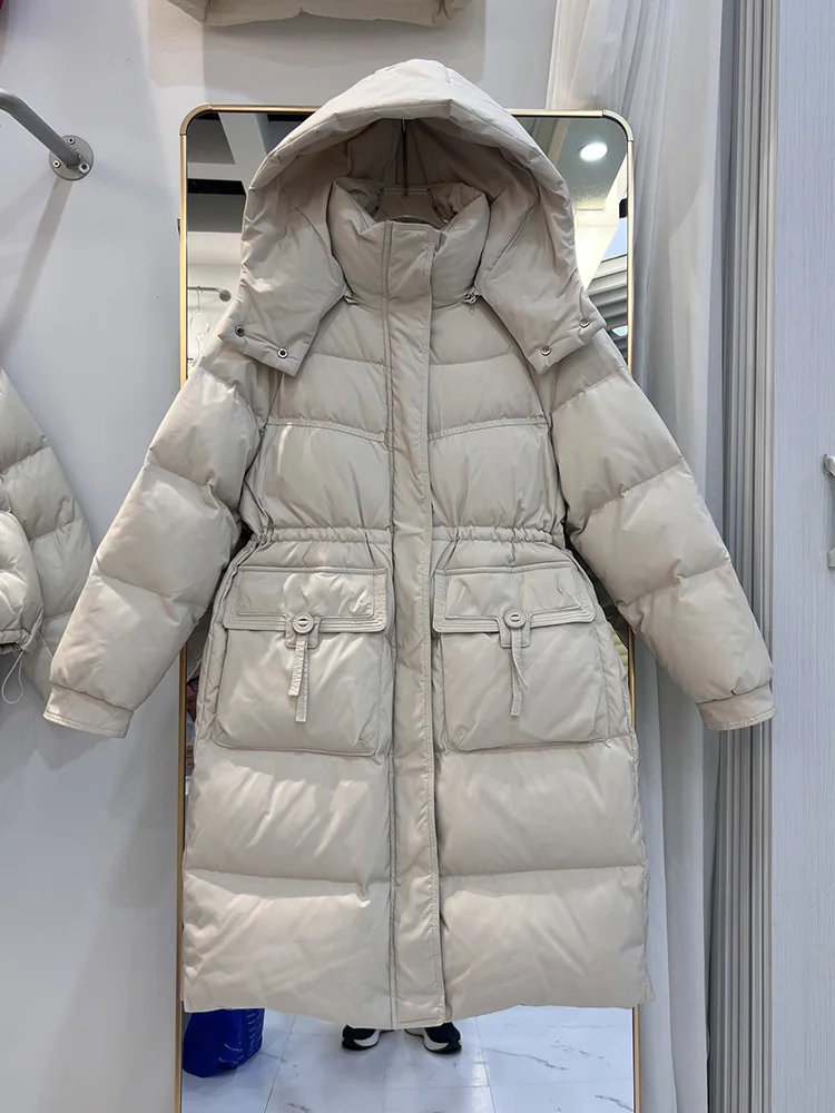Winter Long Detachable Hooded Parker Down Jacket Female Drawstring Warm Knee Length Outwears Women White Duck Down Jackets Coat