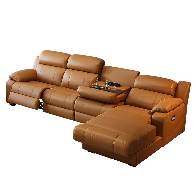 Small yellow cowhide living room large home theater leather multifunctional sofa