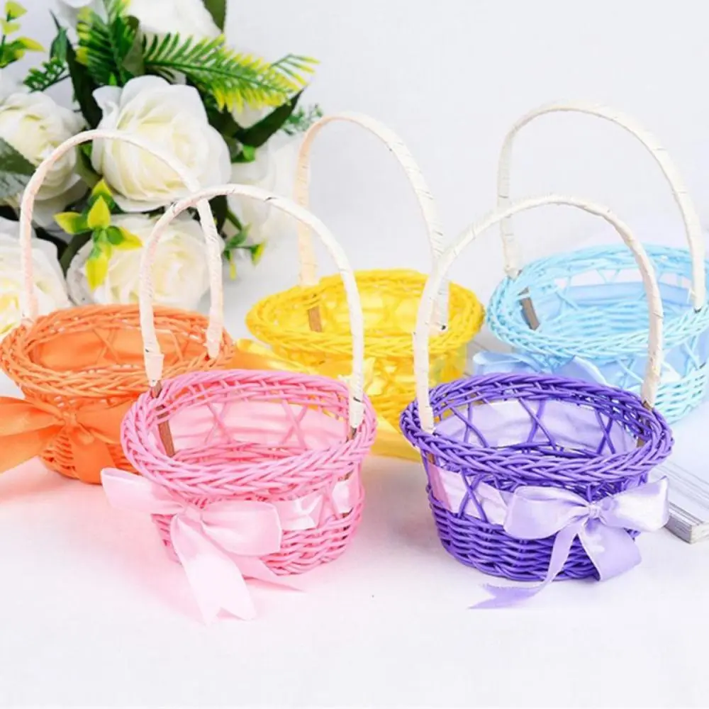 Imitation Rattan Round Small Flower Basket Pink/Purple/Orange/Blue/Yellow Decorative Woven Hand-held Flower Basket with handle