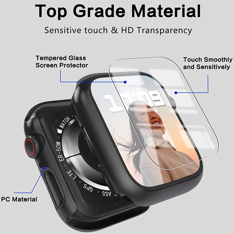 Tempered Glass+cover For Apple Watch 44mm 40mm 42mm 38mm PC bumper Screen Protector Case iWatch series 8 7 6 5 4 3 se 41mm 45mm