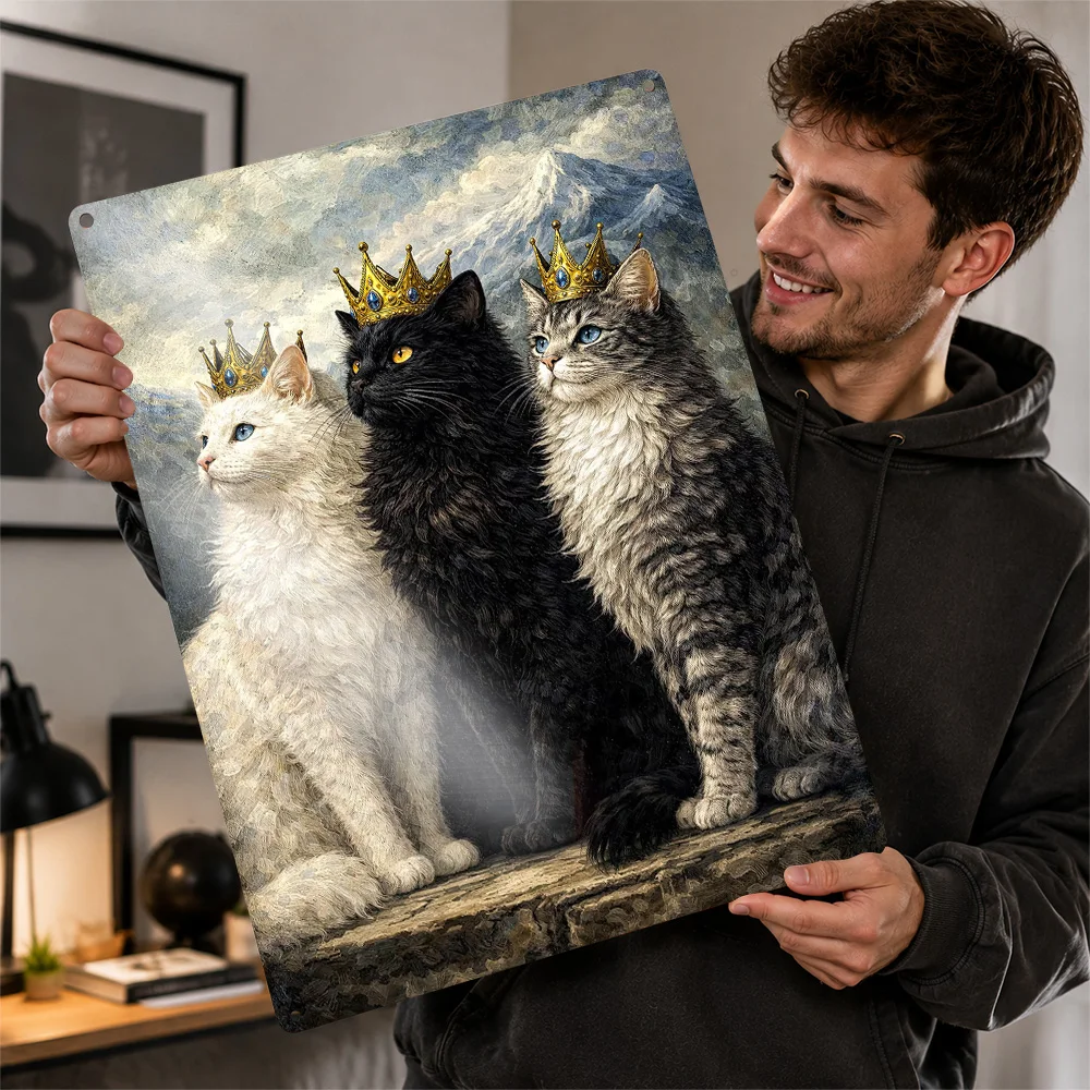 Three Regal Cats With Crowns Textured Poster Personalized Metal Tin Sign Striking Colorful Animal Wall Art Made For Pet Owners