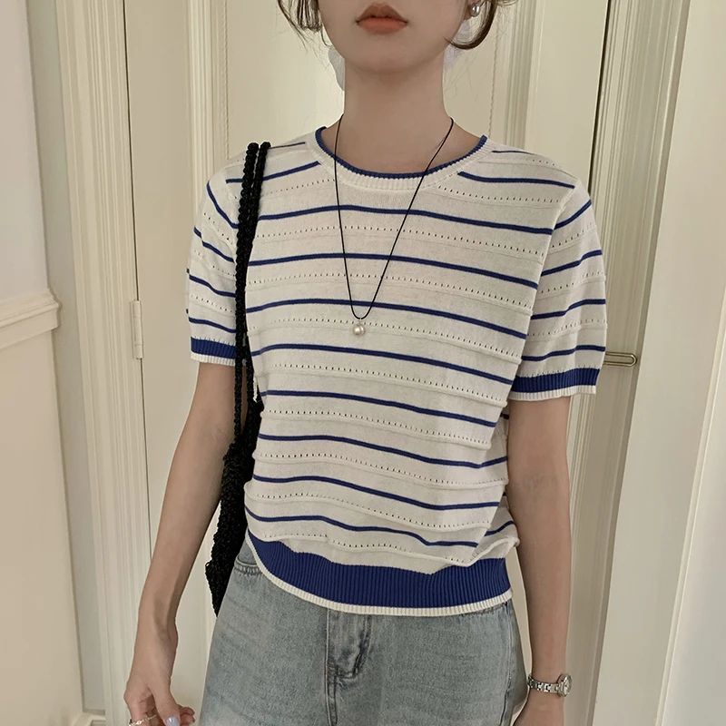 

Summer 100% cotton women's T-shirt casual striped knit pullover short sleeved loose round neck Tees Pull luxury hollow Out Tops