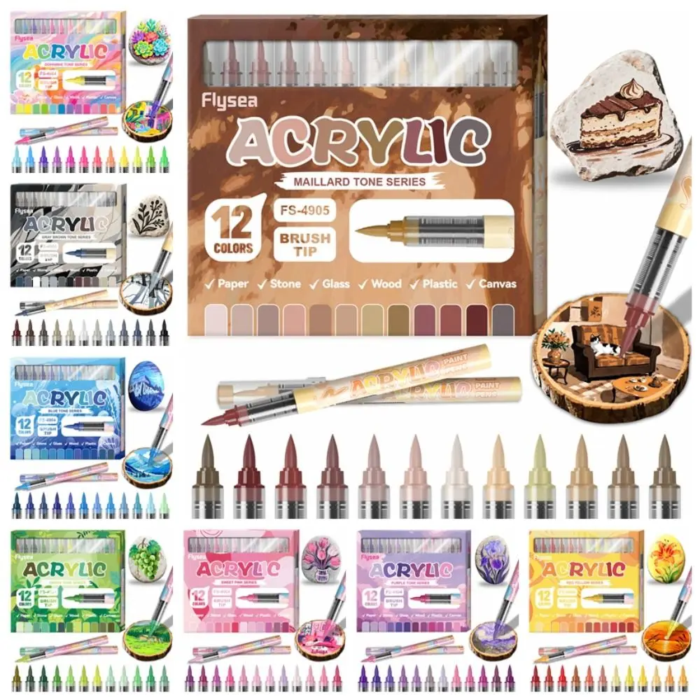 12 Colors Acrylic Paint Markers Direct-Liquid Ink DIY Acrylic Marker Pen Art Supplies Soft Brush Tip Premium Highlight Marker