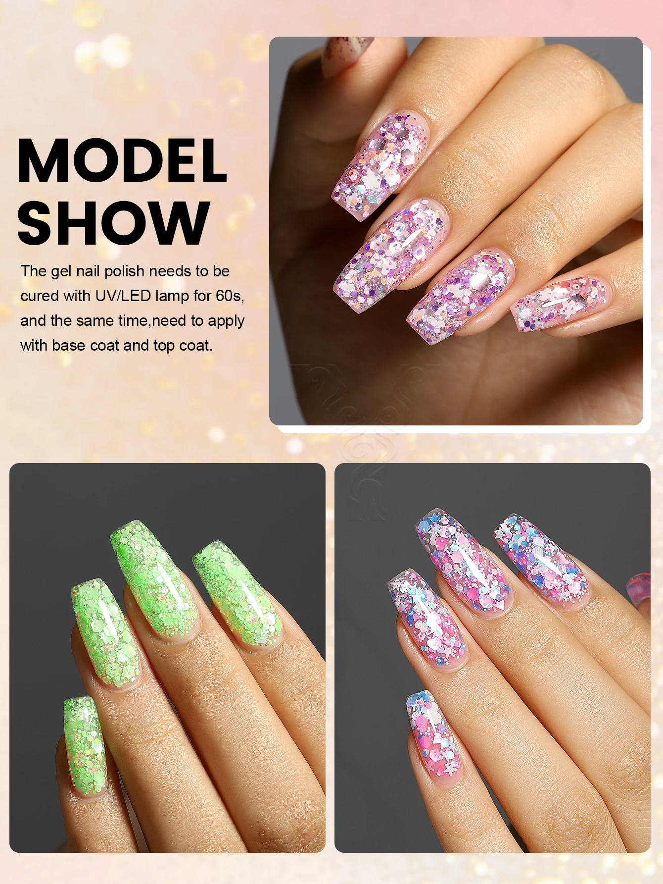 YOKEFELLOW Glitter Sequins Gel Nail Polish Sparkly Shiny Purple Green Yellow Pink Gel Nail Polish Set Soak Off UV Gel Nail Set