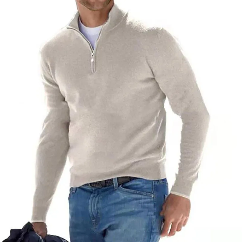 New Autumn Long-sleeved V-neck Cashmere Zipper Men's Casual Top Polo Shirt 2025