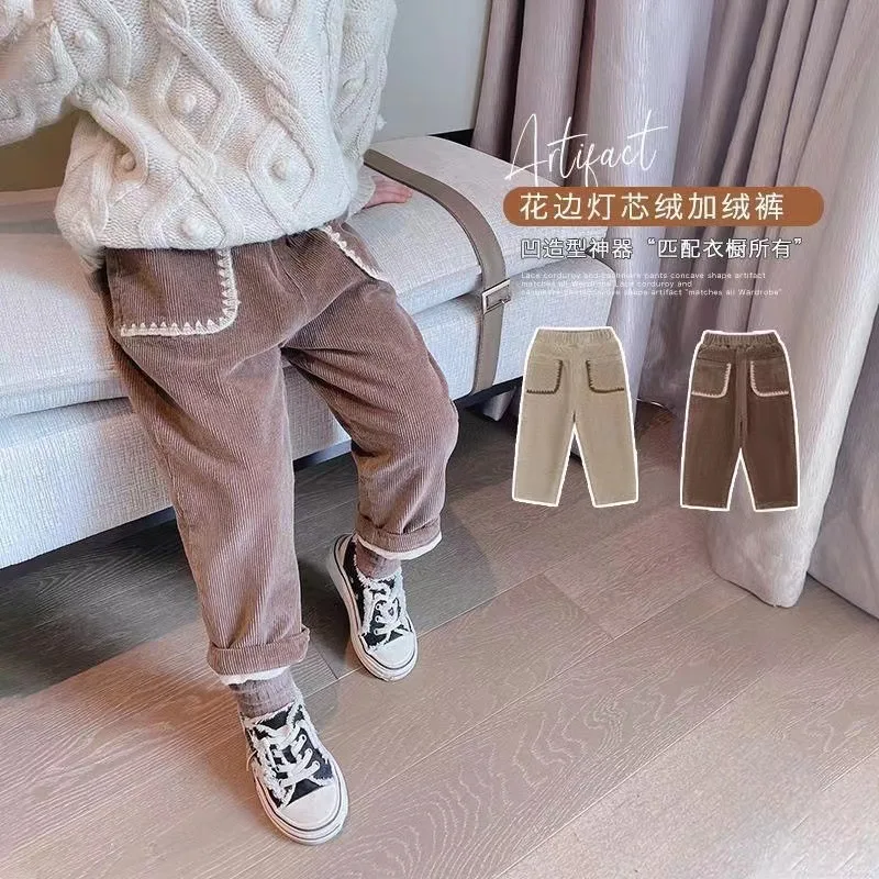 

LYY-Girls' fleece-lined trousers2024New Winter Clothes Trousers Keep Baby Warm Corduroy Pants Autumn and Winter Casual Pants