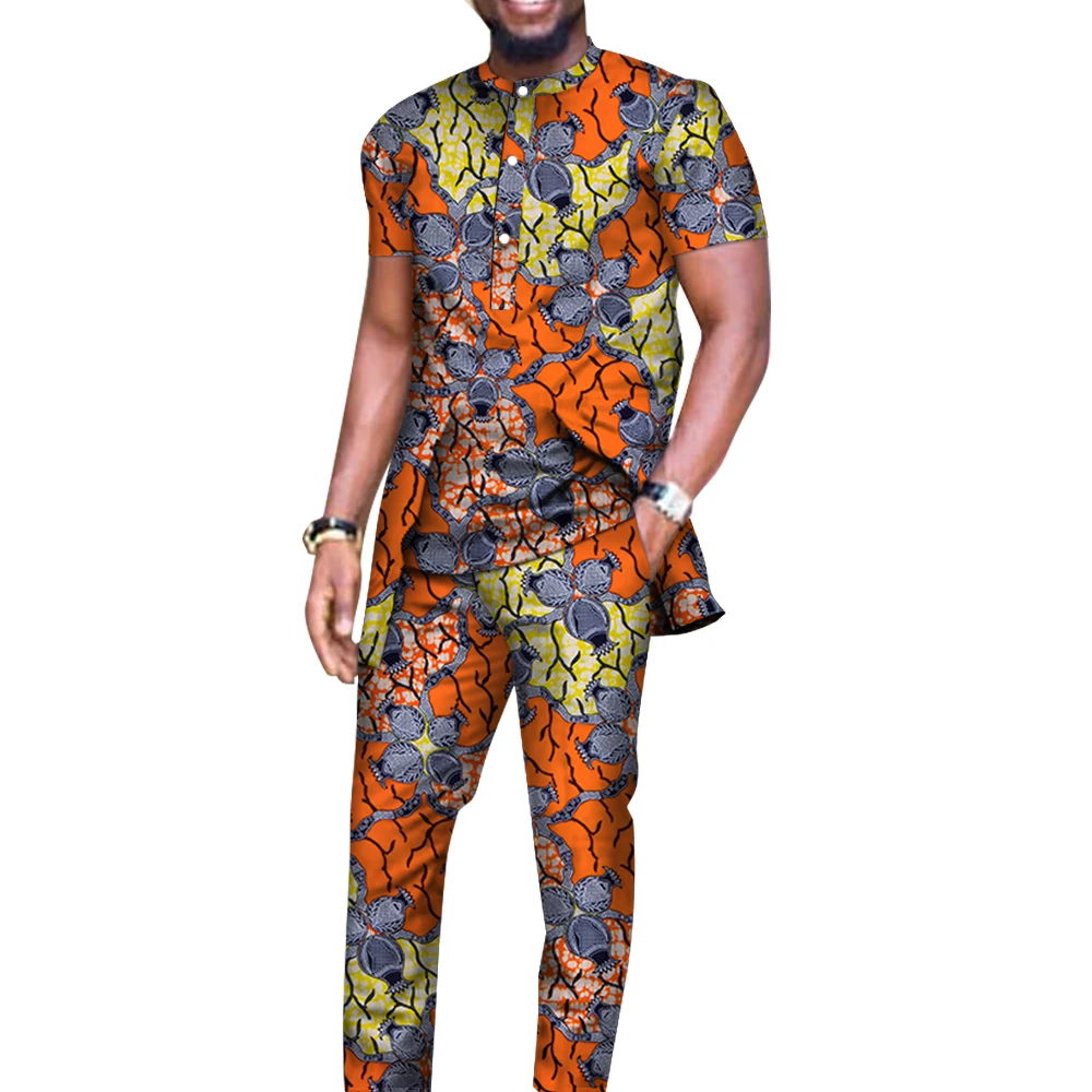 Bazin Riche Men 2 Pieces Pants Sets African Design Clothing African Clothes Casual Men Long Top Shirts and Pants Sets WYN514
