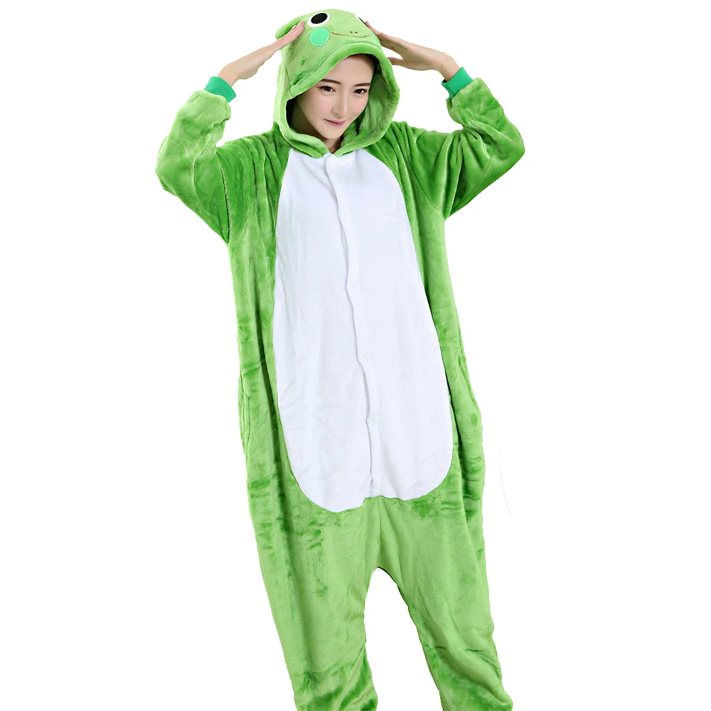 

Anime Cartoon Cosplay Pajamas Green Frog Animal One-piece Pajamas Winter Flannel Hooded Onesie Christmas Halloween Party Pijamas