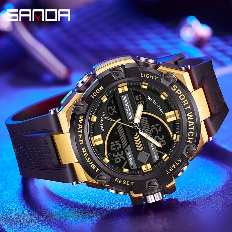 Sanda 3185 New Design Men's Fashion Trend Multifunctional Alarm Mode Japanese Battery Waterproof Luxurious Resistant Wrist Watch