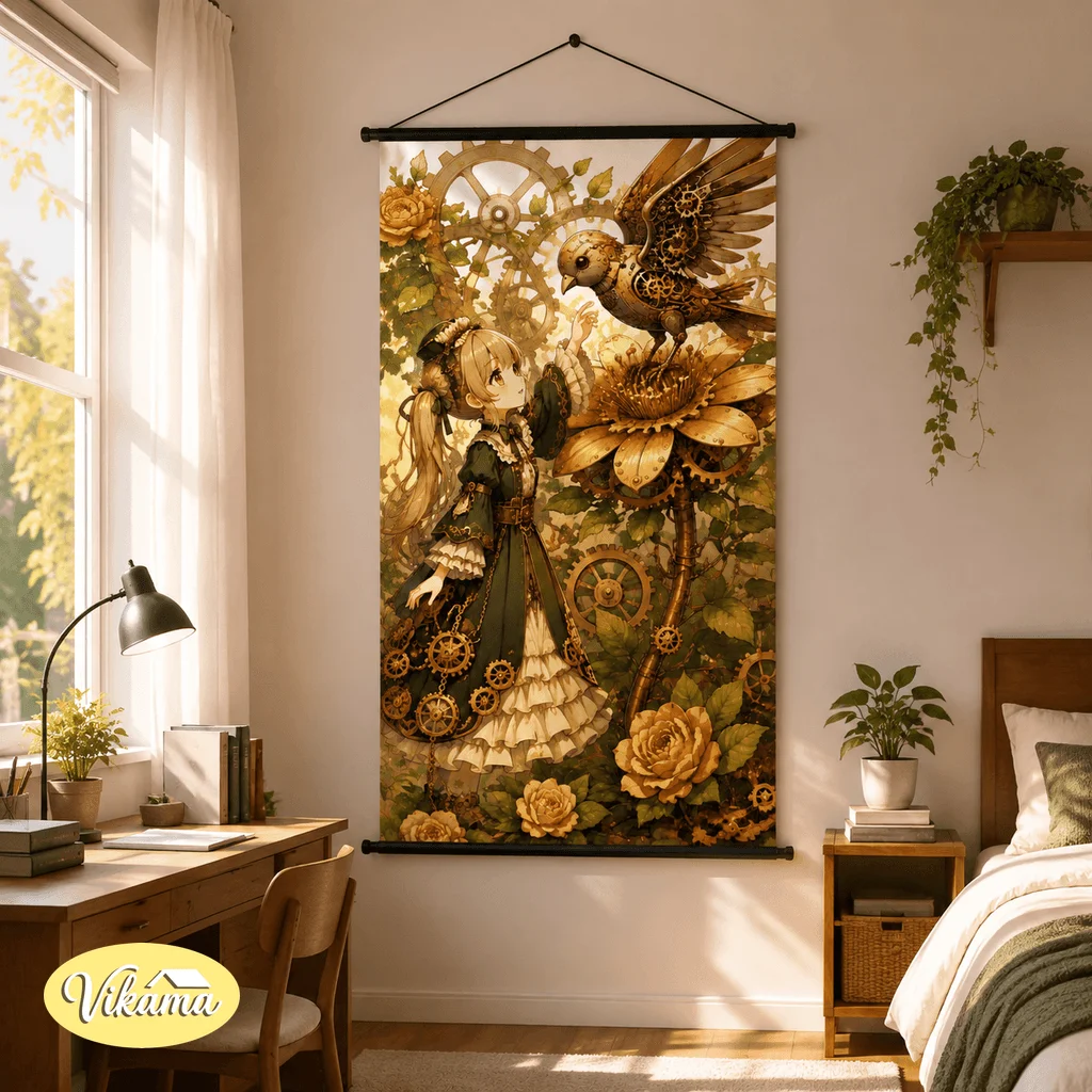 VIKAMA Steampunk Fantasy Girl Tapestry Wall Hanging Mechanical Gear Floral Garden Wall Art Decor for Bedroom Living Room