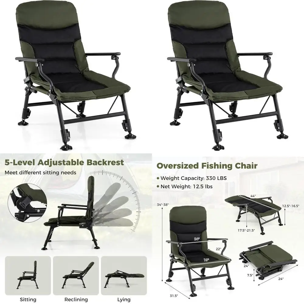 

Durable Oversized Folding Fishing Chair, All-Terrain Recliner with Adjustable High-Back, Portable Outdoor Seat for Patio and Bea