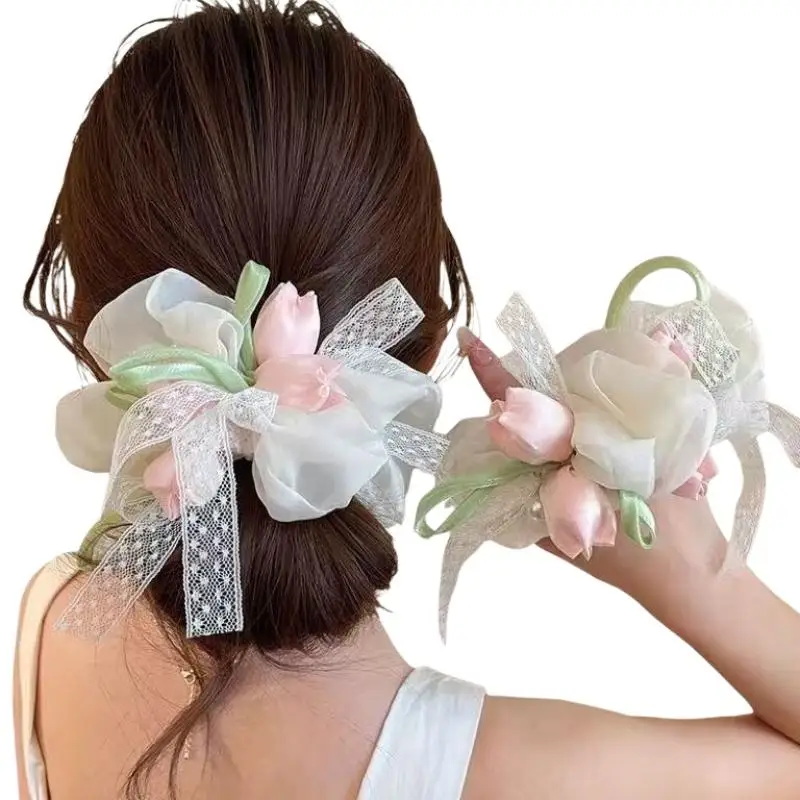 Haargummis für Damen, neue koreanische Tulpen, süße, zarte Spitze, vielseitige elastische Haarbänder, hochwertige Haaraccessoires für Mädchen – Detail 6