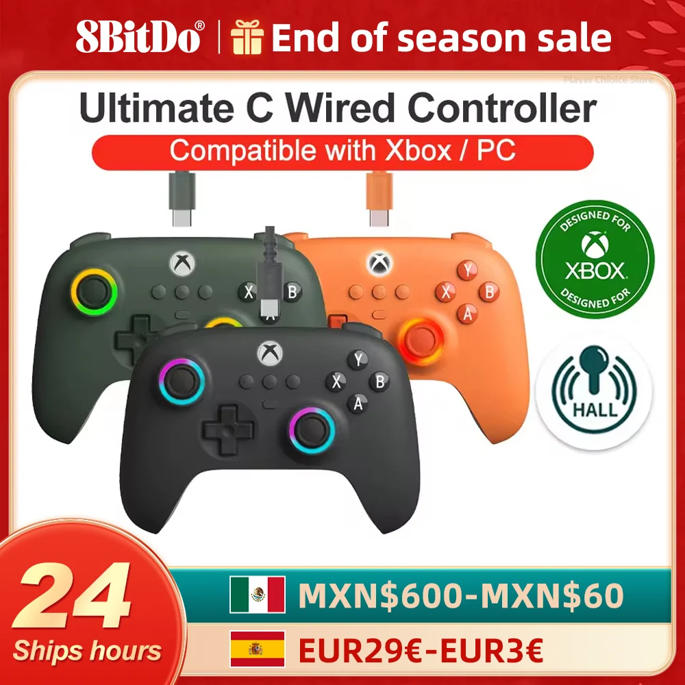 8BitDo 궁극의 C 유선 XBOX 컨트롤러 게임패드, PC Xbox 시리즈 X S, Xbox One RGB 라이트 파이어 링 홀 효과 스틱, 창문용