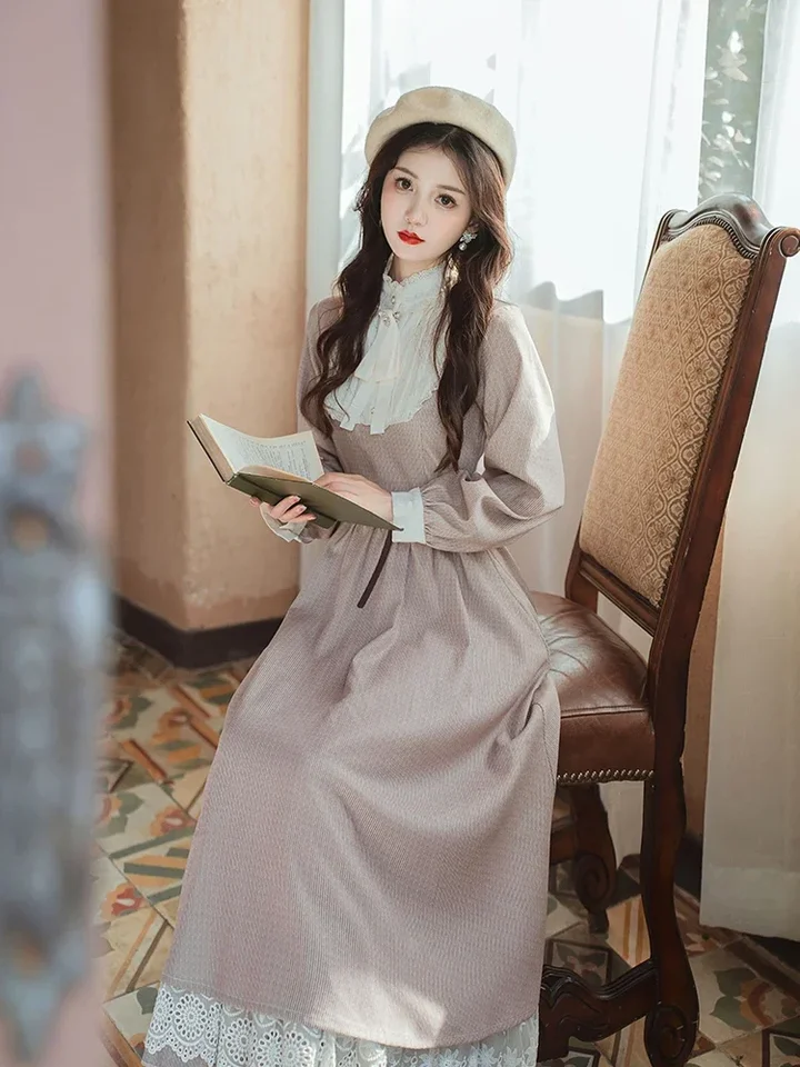 French Literary Vintage Dresses for Women Long Sleeve Autumn Lace Bow Cute  Sweet Vestidos Court Style Retro Elegant Dress+Belt - AliExpress 200000345