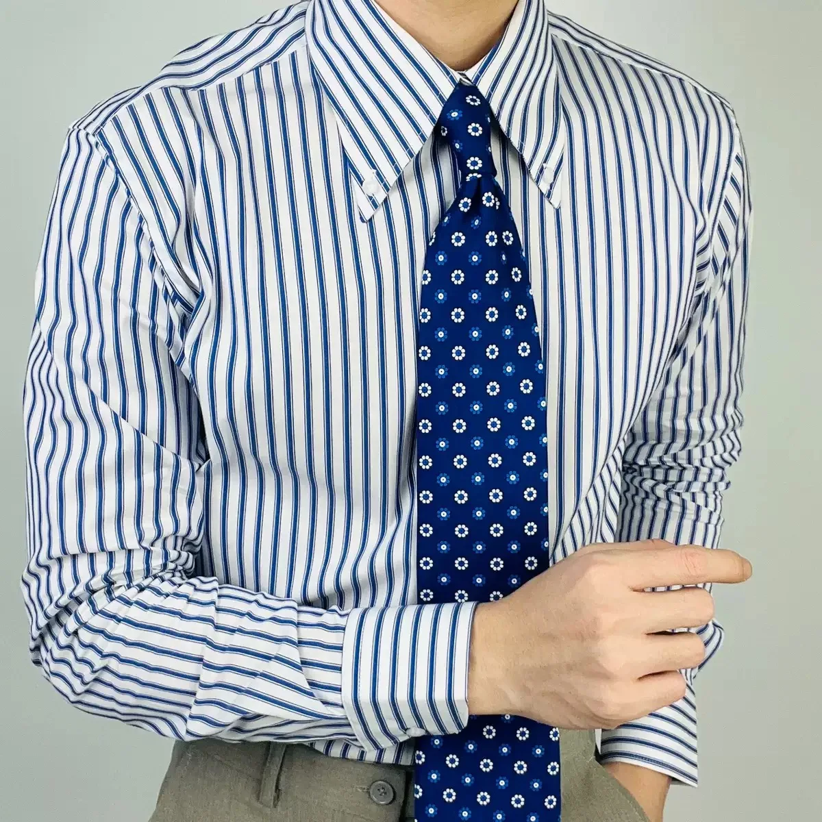 

Blue Striped Men's Long Sve irt Button Collar Versatile Thin Four Seasons Sle Personali Commute Cotton Polyester Blend
