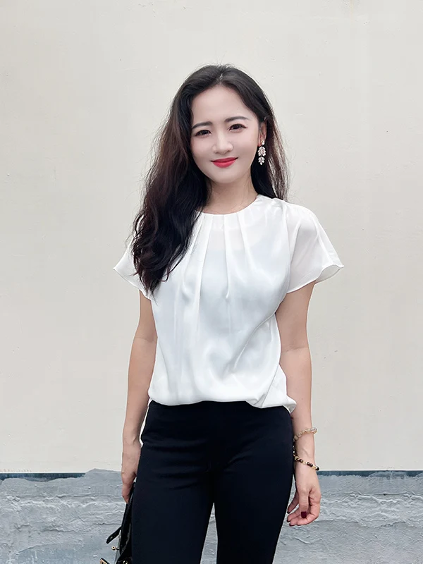 

Шелковая блузка однотонного цвета с плиссированным воротником и вырезом принцесса, в стиле Парижского Левого берега, женская, деловая, повседневная, размер S