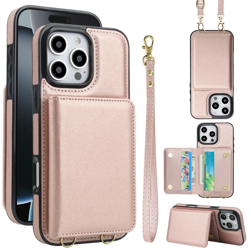 

Long Lanyard Short Strap Leather Case For iPhone 16 15 14 12 13 Mini 11 Pro XS Max XR X 7 8 Plus SE Magnetic Card Wallet Bag