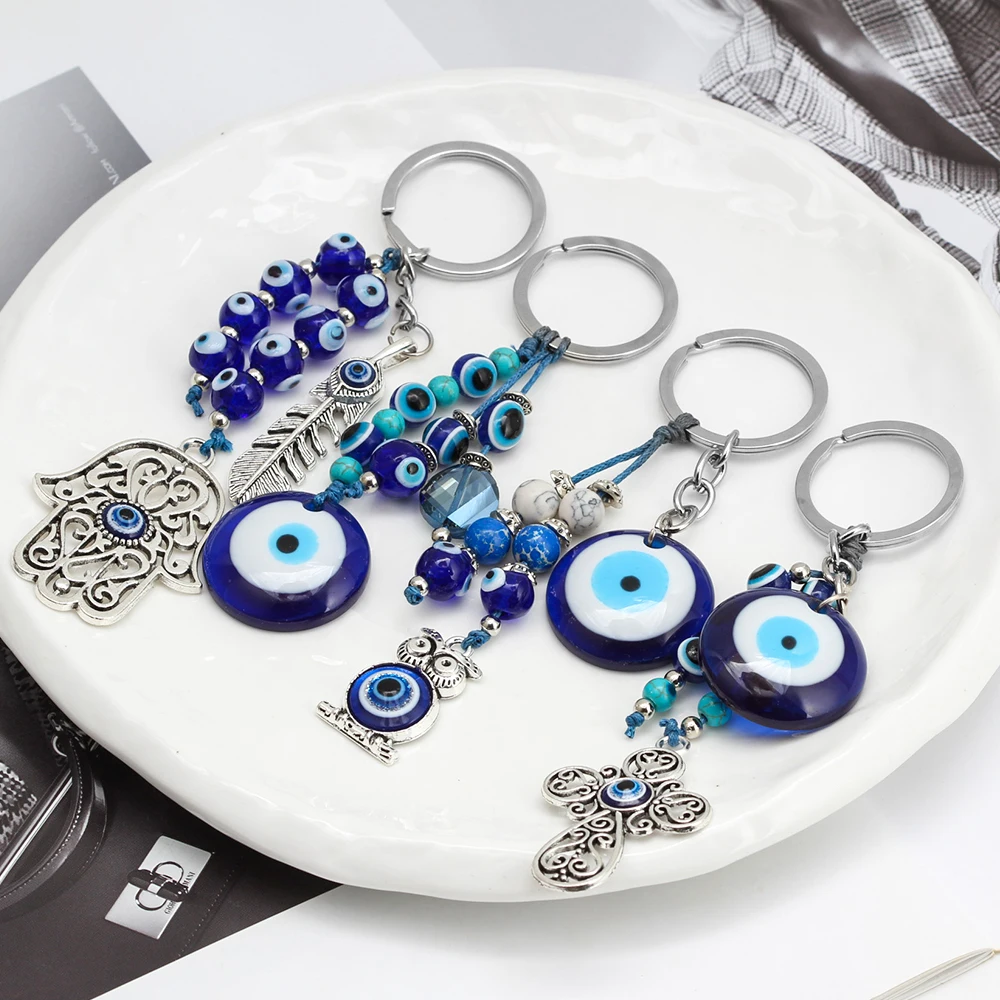 Lucky Eye Fatima Hand Cross Owl Moon Keychain Turkish Evil Eye Bead Keychain Bag Car Keyring llavero porte clé מחזיק מפתחות