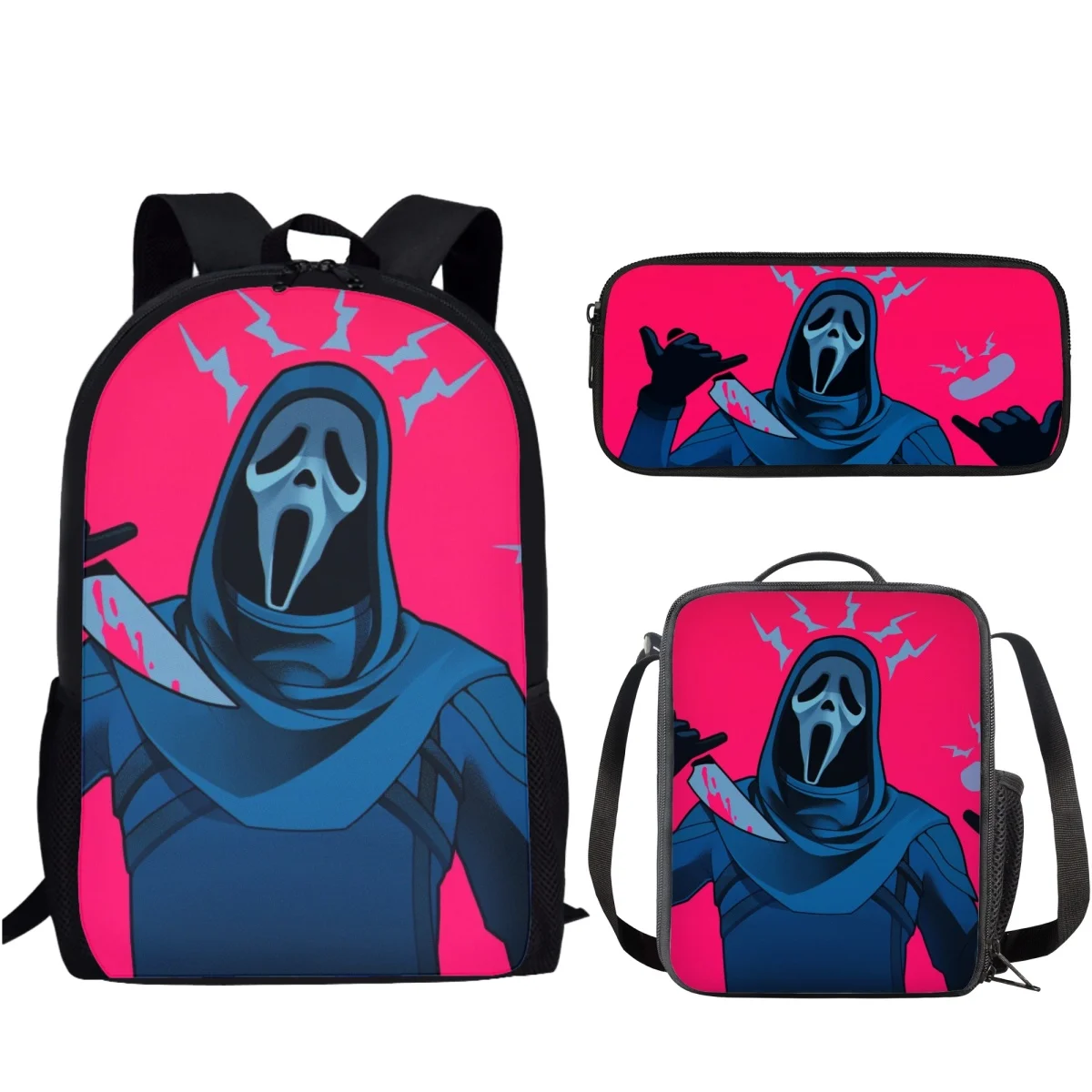 Tas sekolah motif Herror Scream, tas sekolah motif pola 3 buah/set untuk anak laki-laki perempuan, tas ransel penyimpanan harian kampus, tas pensil, tas makan siang