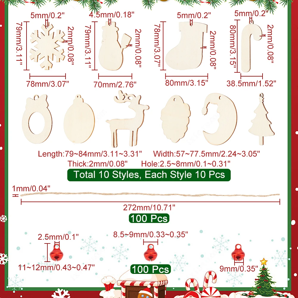 DIY Christmas Decor Making Kit Includes 100 Pcs Wood Pendants 100 Pcs Iron Bell Pendants 10 Bundles Hemp Rope for Christmas Tree