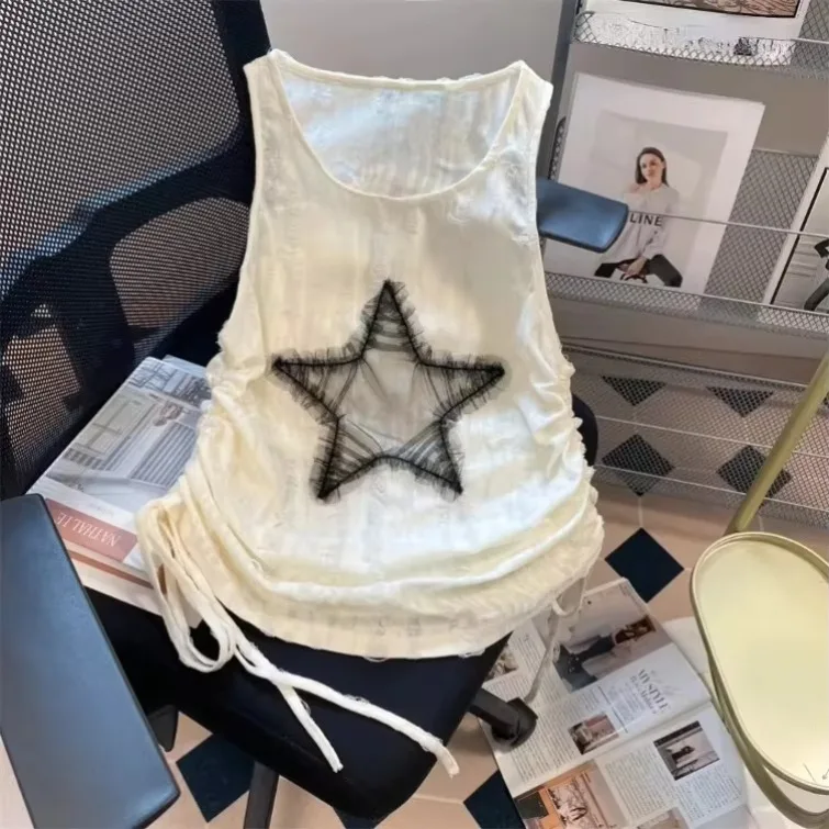 

Summer Sleeveless T-shirts Y2k E-Girl O-neck Star Camisole Vest for Women Fashion Vintage 2024 Drawstring New Ruched Tank Top