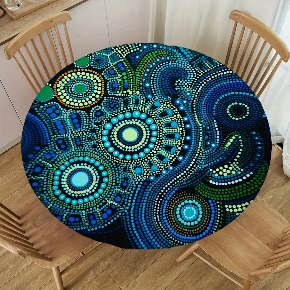 One circular tablecloth with indigenous art print, made of durable polyester fiber material
