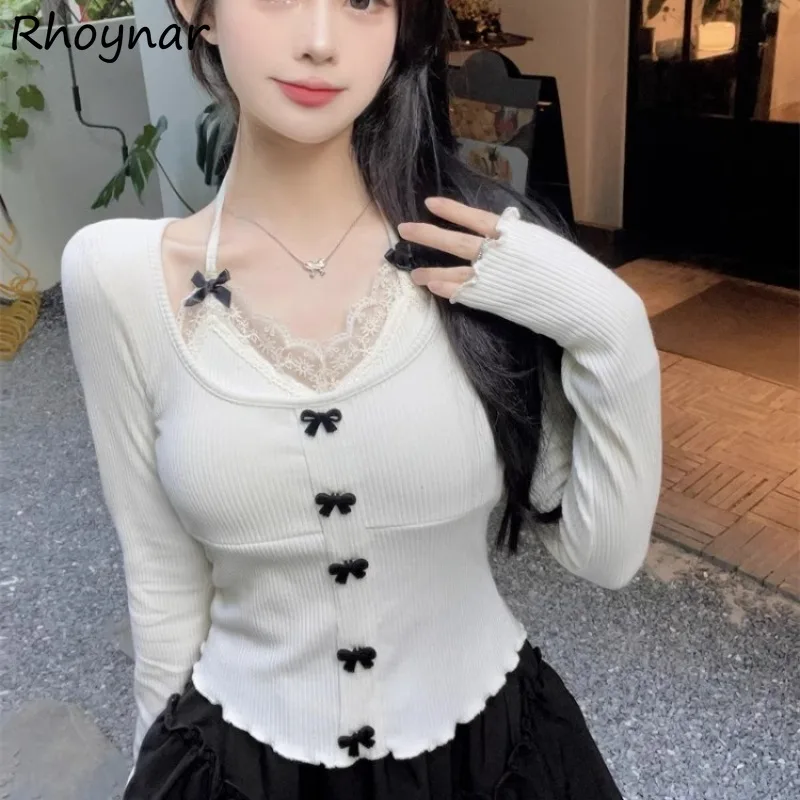 Pullovers Women Cute Spicy Lace Patchwork Apricot Girlish Age-reducing Bow All-match Collarbone Winter Autumn Korean Style Ins