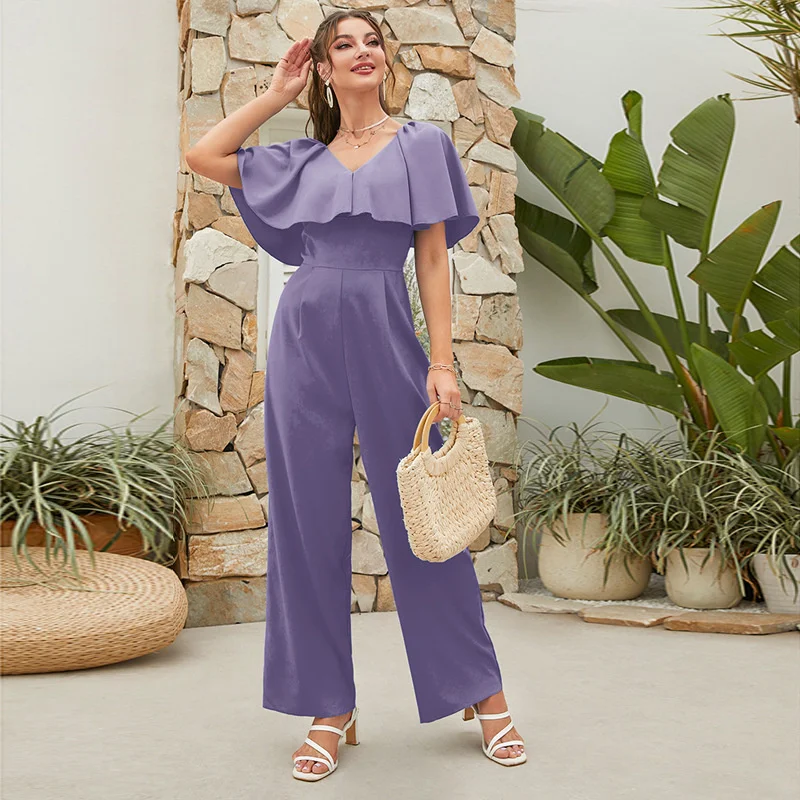 

New Product 2023 Hot Selling Ruffle Hem Jumpsuit V-neck Slim Fit Solid Color Temperament Vestidos