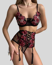 Ellolace-Lencería Sensual bordada, conjuntos de ligas, calzoncillos de lujo, ropa interior delicada erótica caliente, 3 piezas