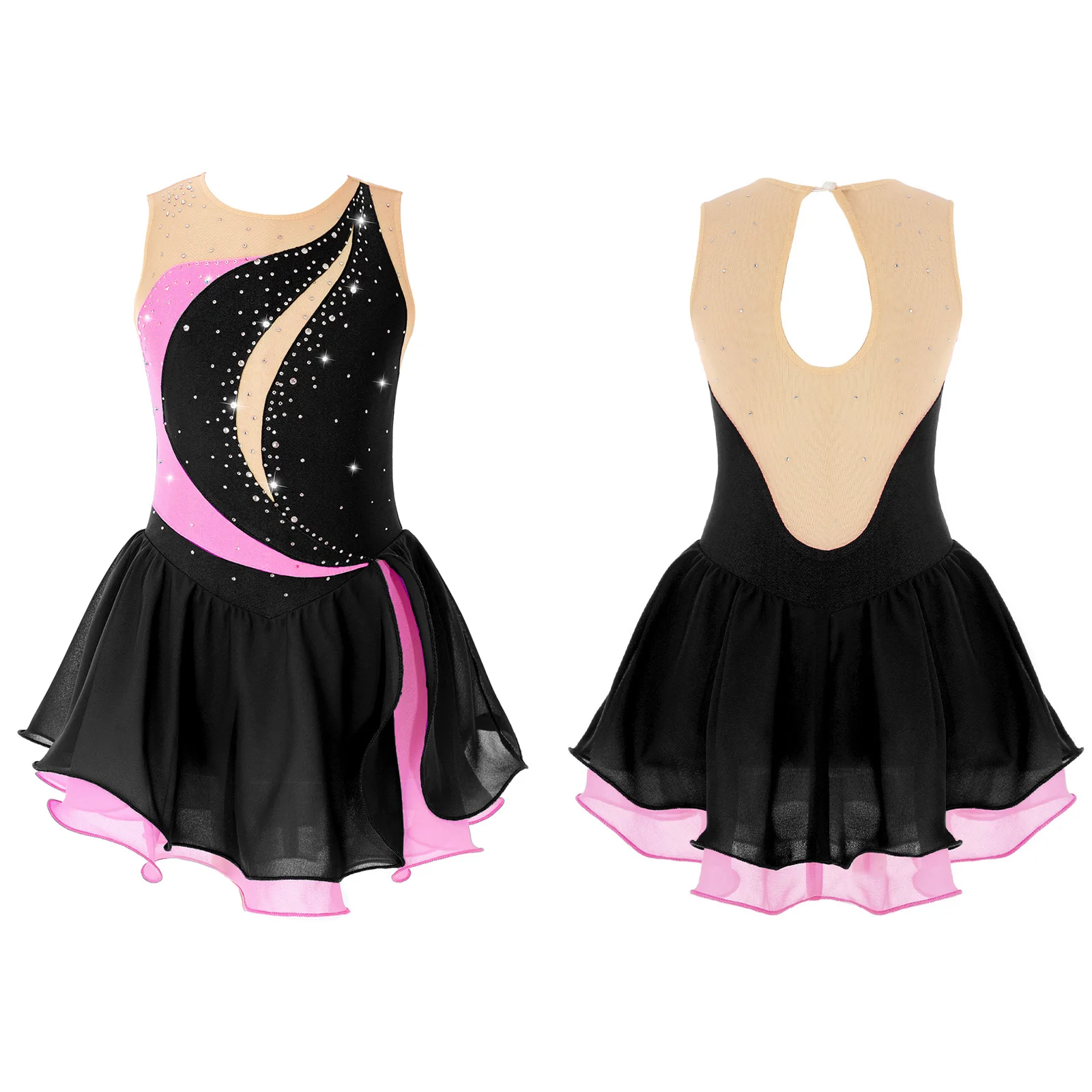 Figure Skating Dress for Kids Girls Performance Costumes Rhinestone Mesh Splice Ballet Lyrical Dance Dresses Gymnastics Leotards