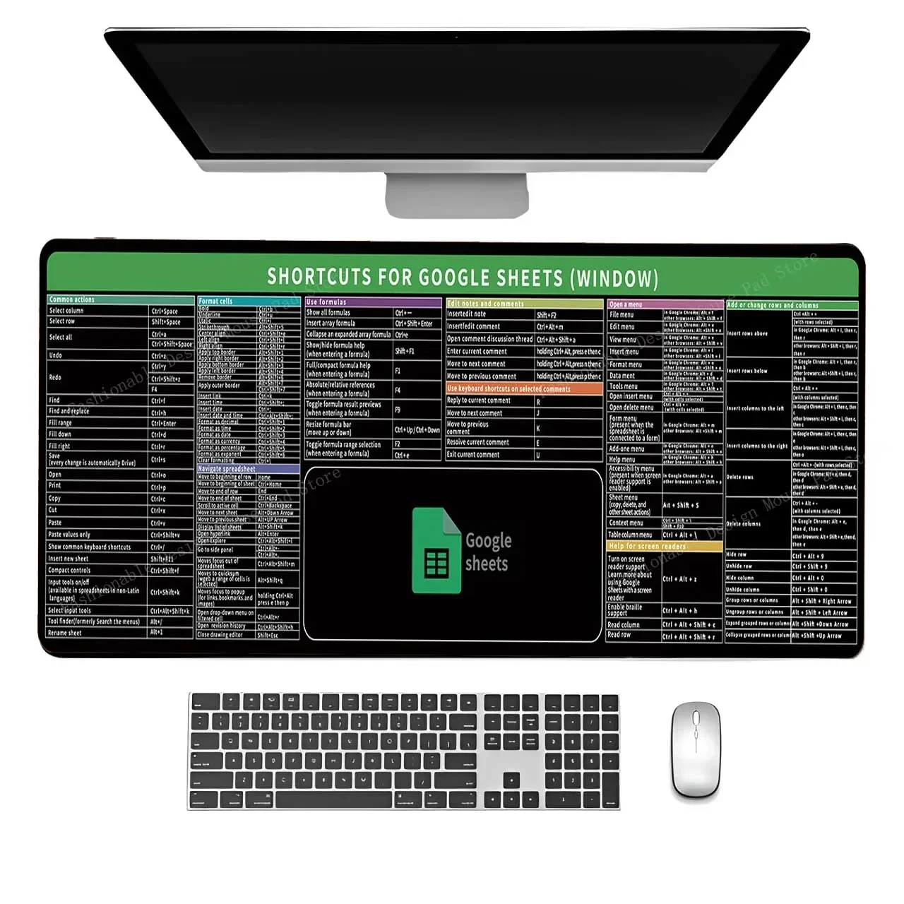 Google Sheets & Windows Office Shortcut Keys Desk Mat Mouse Pad | Cheat Sheet for Office Users, Software Developers, Programmers