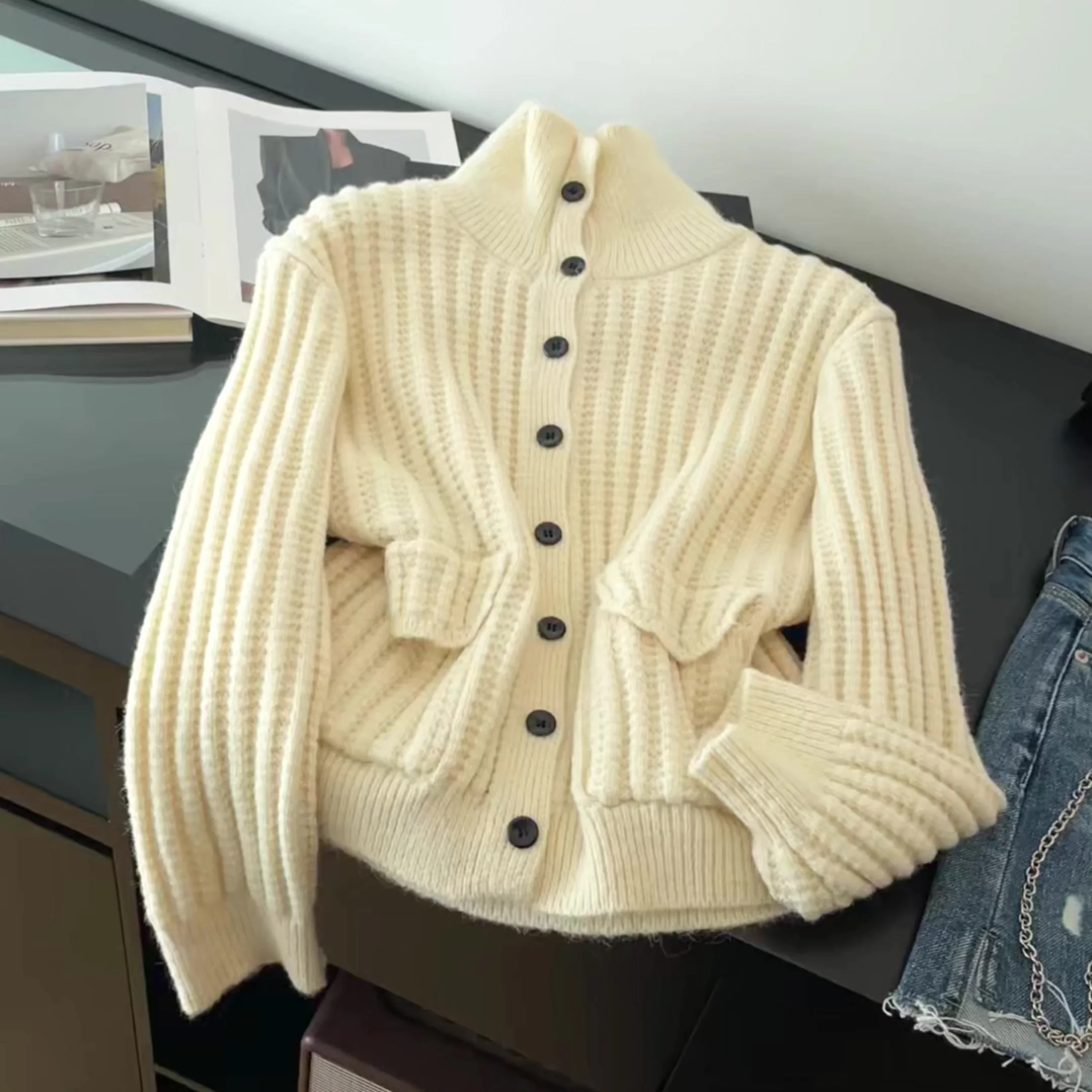 المرأة المشمش دافئ سترة متماسكة سترة خمر 2000s طويلة الأكمام الياقة المدورة سترة الكشمير المعنقة سترة ربيع الخريف للنساء