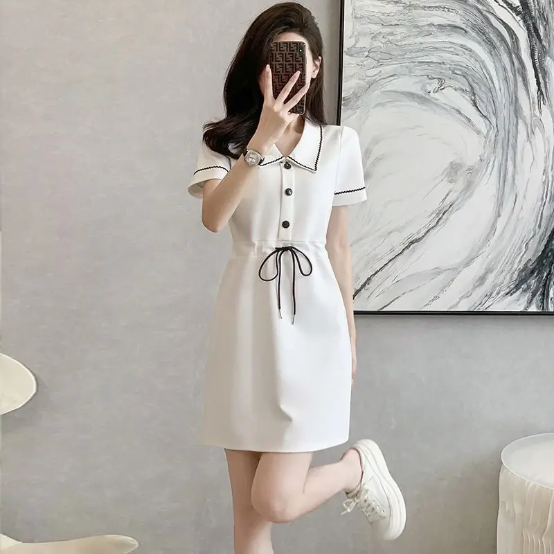 Magliette Polo sportive estive da donna Mini abito coreano Lady Casual White Draw String vita abiti manica corta 2024 Fashion Wear