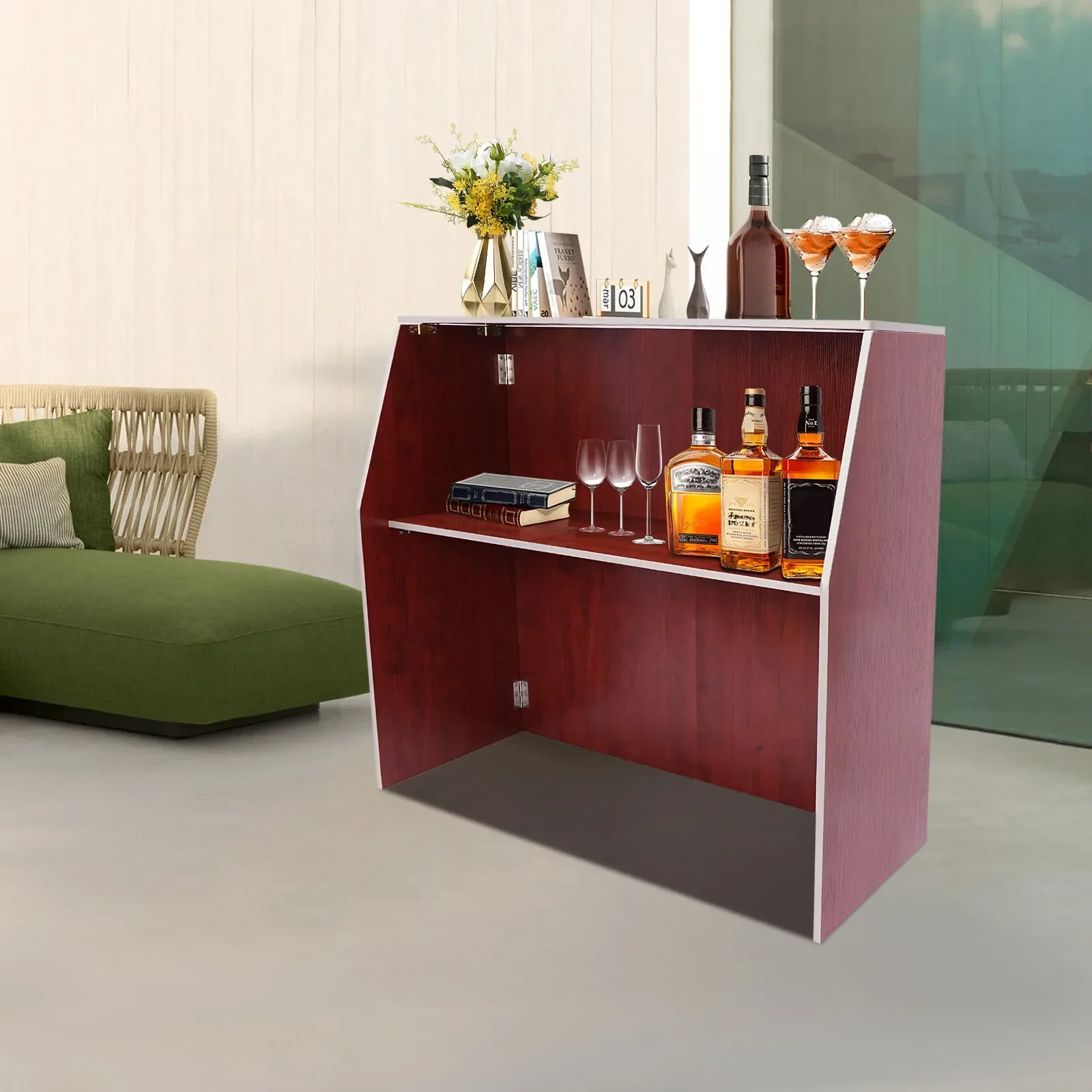 خزانة بار محمولة بتصميم بني غني 19.5 بوصة × 47.75 بوصة × 42.75 بوصة مع حواف ألومنيوم لتنظيم البار