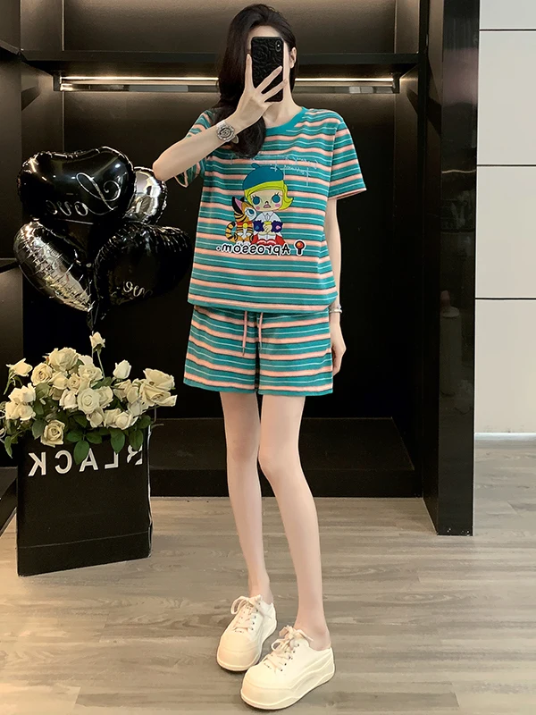 

Summer New Cute Sporty Casual Women's Set Striped Short Sleeve T-Shirt Shorts Two-Piece Set Youthful Looking Fashionable