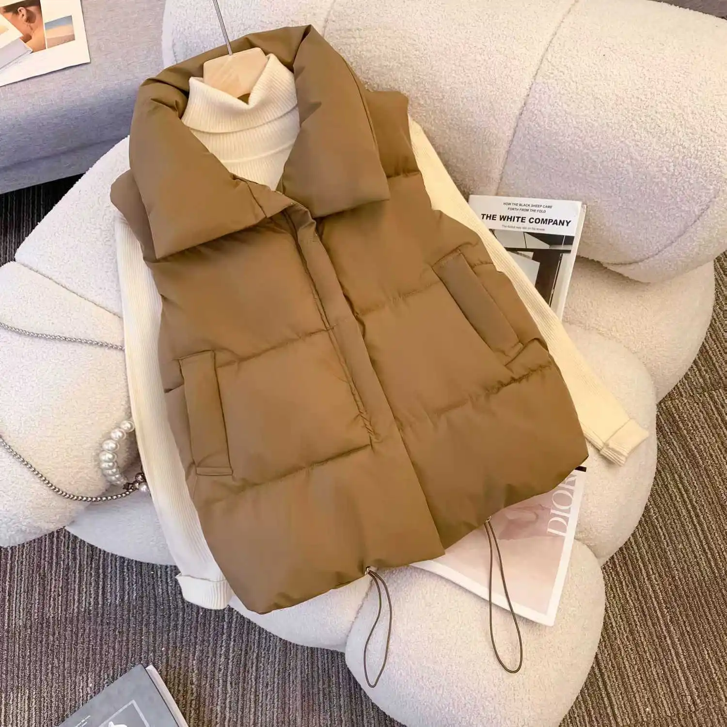 Übergroße Baumwollweste mit Reißverschluss, lockere Damenweste für Herbst und Winter, lässige Weste, ärmellose Kleidung, einfarbige Basic-Jacke, Oberteil – Detail 2