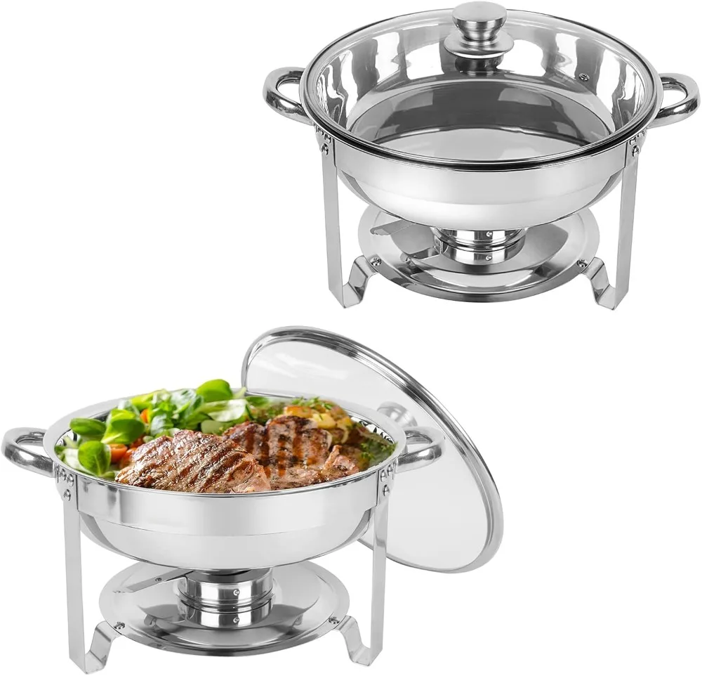 Chafing Dish Buffet Set of 2, 5QT Round Stainless Steel Chafer for Catering in Glass Lid, Chafers and Buffet Warmer Sets