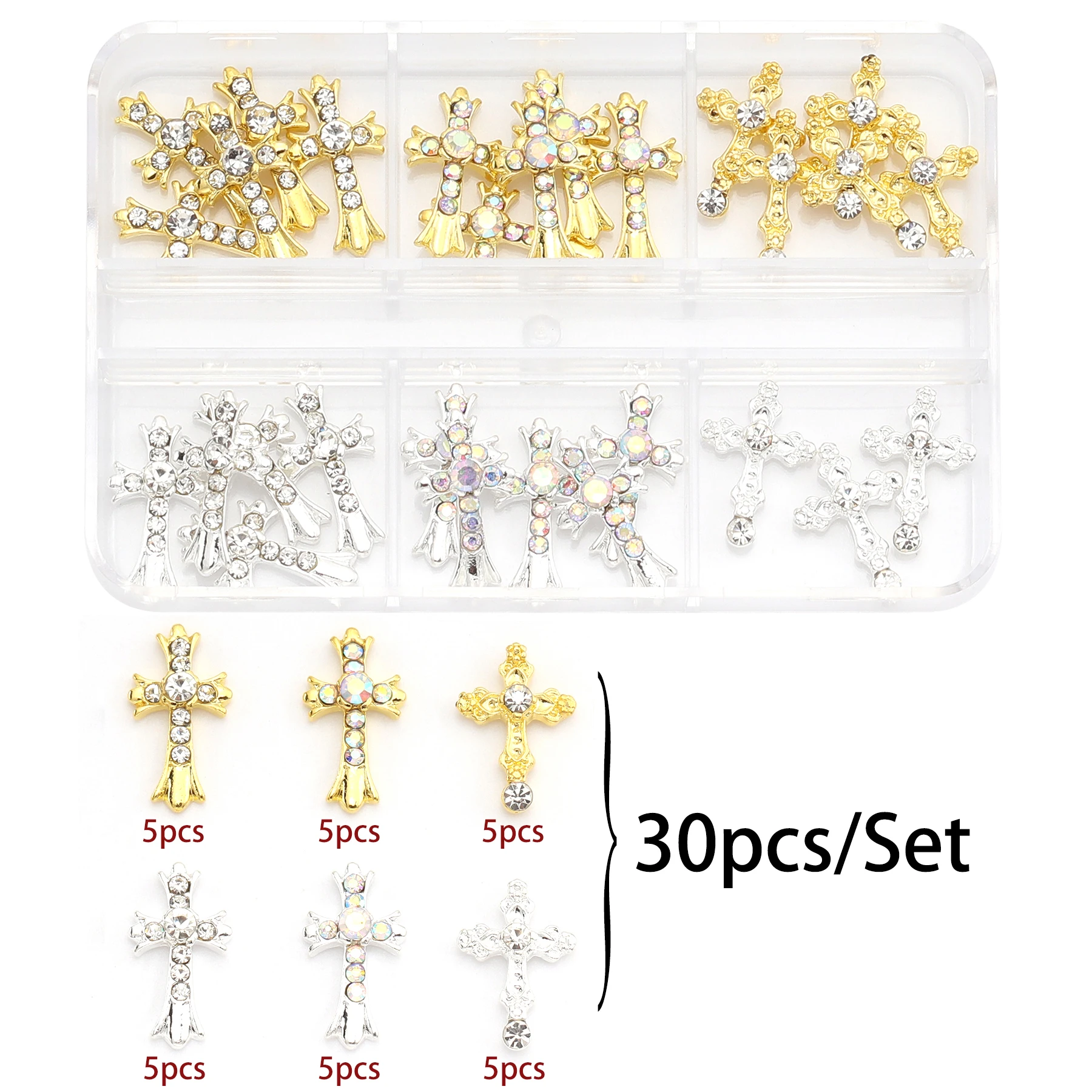 30 Pcs/Set Luxury Cross Metal Nail Art Decorations Alloy Shiny Rhinestones Pearl Gems Zircon Diamond Charm DIY Nail Accessories