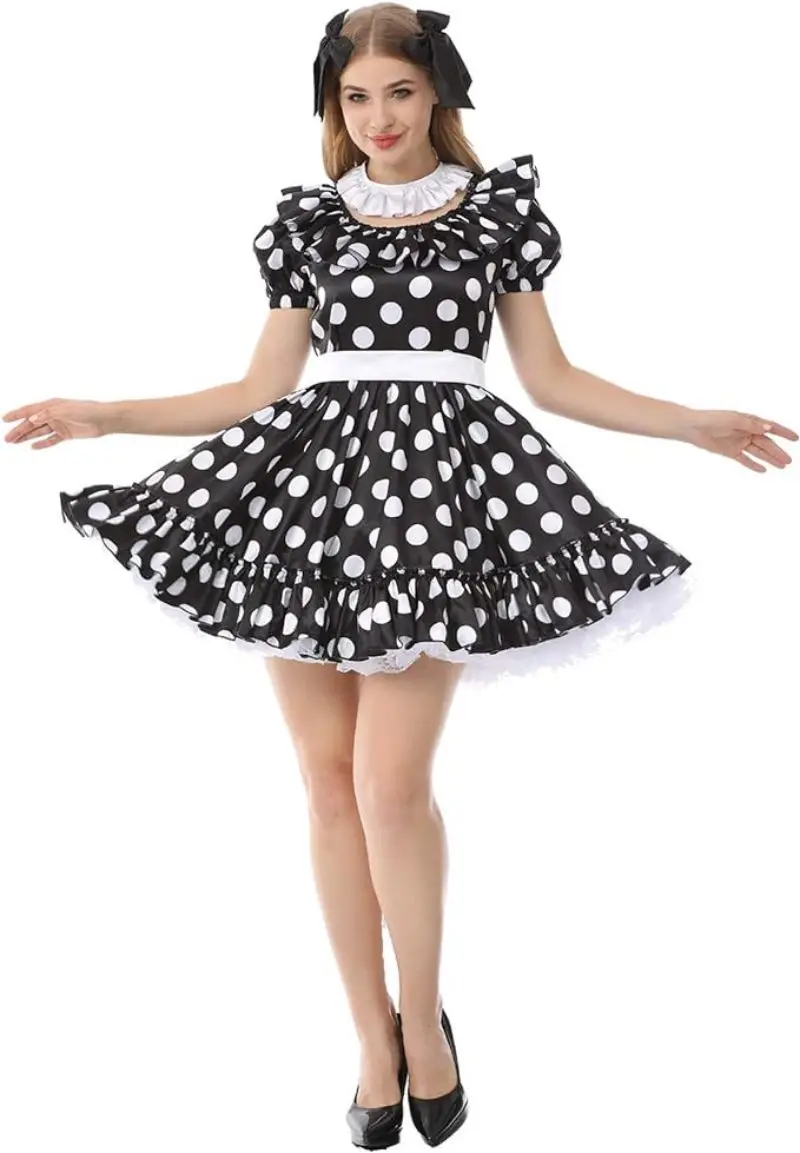 Black Background White Polka Dot Smooth Satin Ruffled Collar with Neck Loop Independent White Belt Double Layer Skirt Hem S