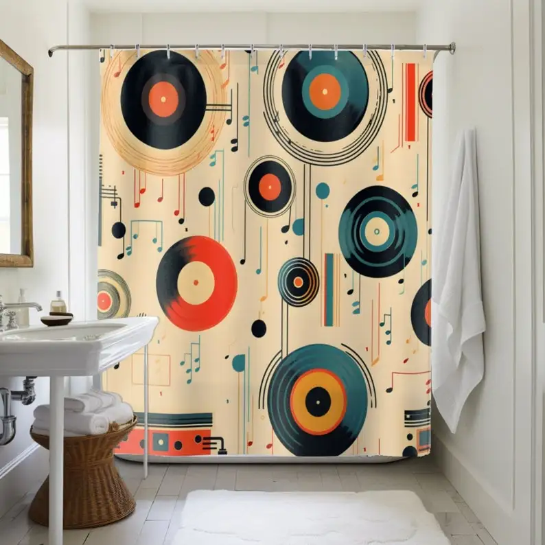 

Boho Record Shower Curtain Abstract Home Decor Unique Water Resistant Bath Accessory