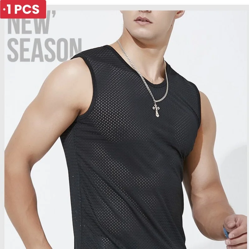 

1PCS Men Tops Ice Silk Vest Outer Wear Quick-Drying Mesh Hole Breathable Sleeveless T Shirts Summer Cool Vest Beach Travel Tanks