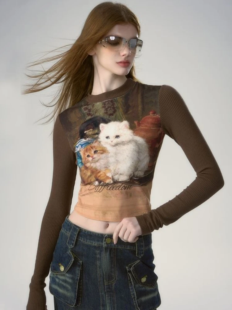 

Y2k Sweet Cute Cat Print Long-sleeved T-shirt Women Slim Cropped Top Aesthetics Gothic Tees Streetwear Harajuku Graphic T Shirts