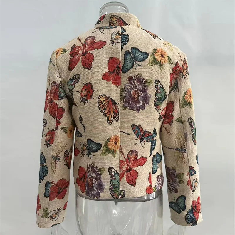 Damen-Crop-Mäntel mit Stehkragen, Jacquard-Muster, langärmelig, Herbst, einreihig, mit Paneelen, schicke neue Oberbekleidung – Detail 5