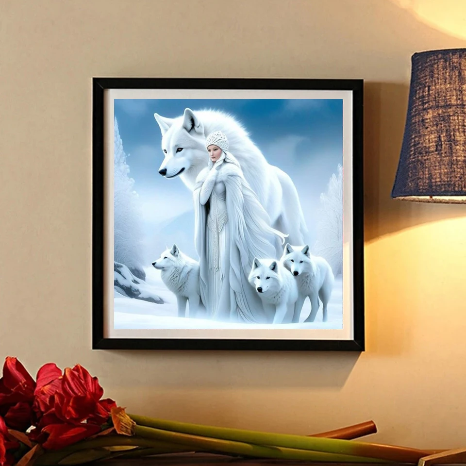 5D DIY Diamond Painting Cross Stitch Woman and White Wolf Full Square Diamond Embroidery Mosaic Set Crafts Home Decoration Gift