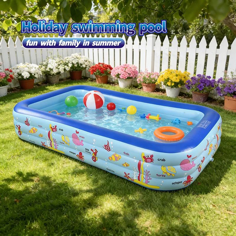 

Утолщенный надувной бассейн с 3 кольцами | Портативный складной семейный бассейн | Ванна для летних водных вечеринок на заднем дворе для развлечений на свежем воздухе
