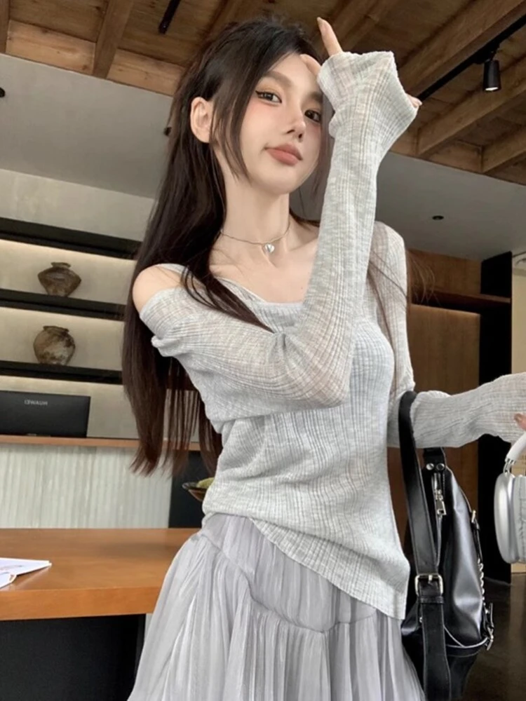 Fake Two Pieces Sexy T Shirt Women Long Sleeve V-neck Tunic Tees Y2k Tops Fashion Casual Knitted Thin Tshirts 2024 Ropa Mujer