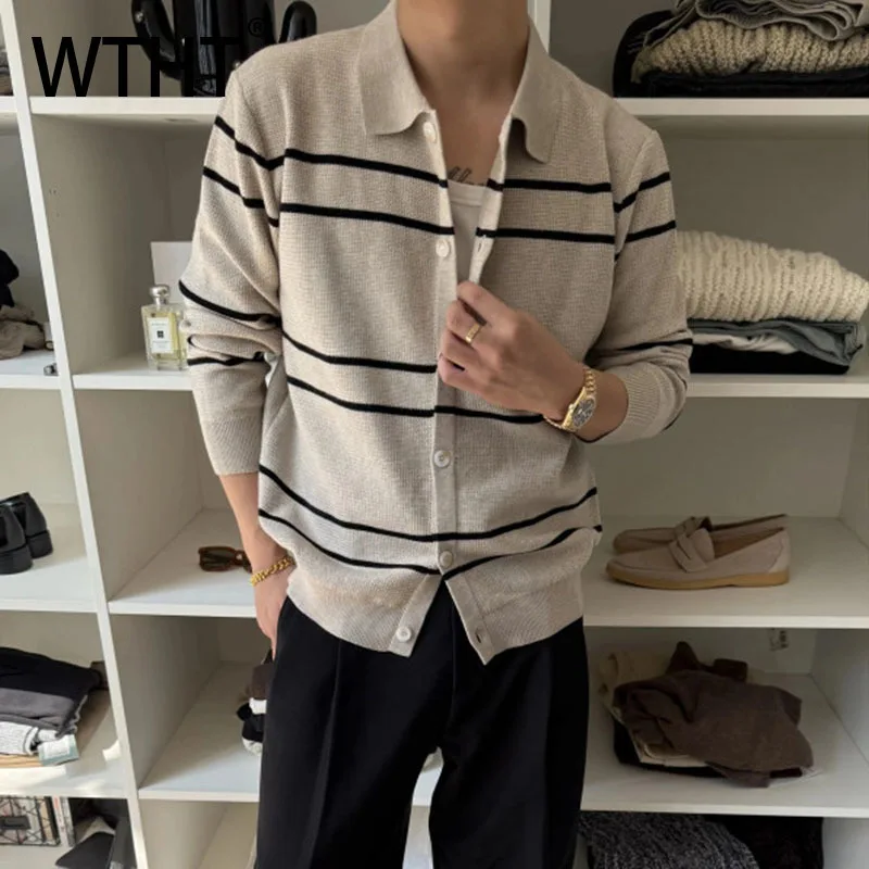 

WTHT модный мужской полосатый контрастный цвет свободный повседневный свитер мода 22с осень отложной воротник с длинными рукавами мужской 2A1899