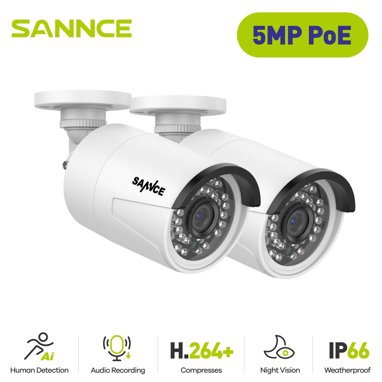 

SANNCE 2PCS HD 3MP/5MP/8MP POE Camera Smart IR Night Vision Outdoor Weatherproof Built-in Microphone Email Alert CCTV Camera Kit