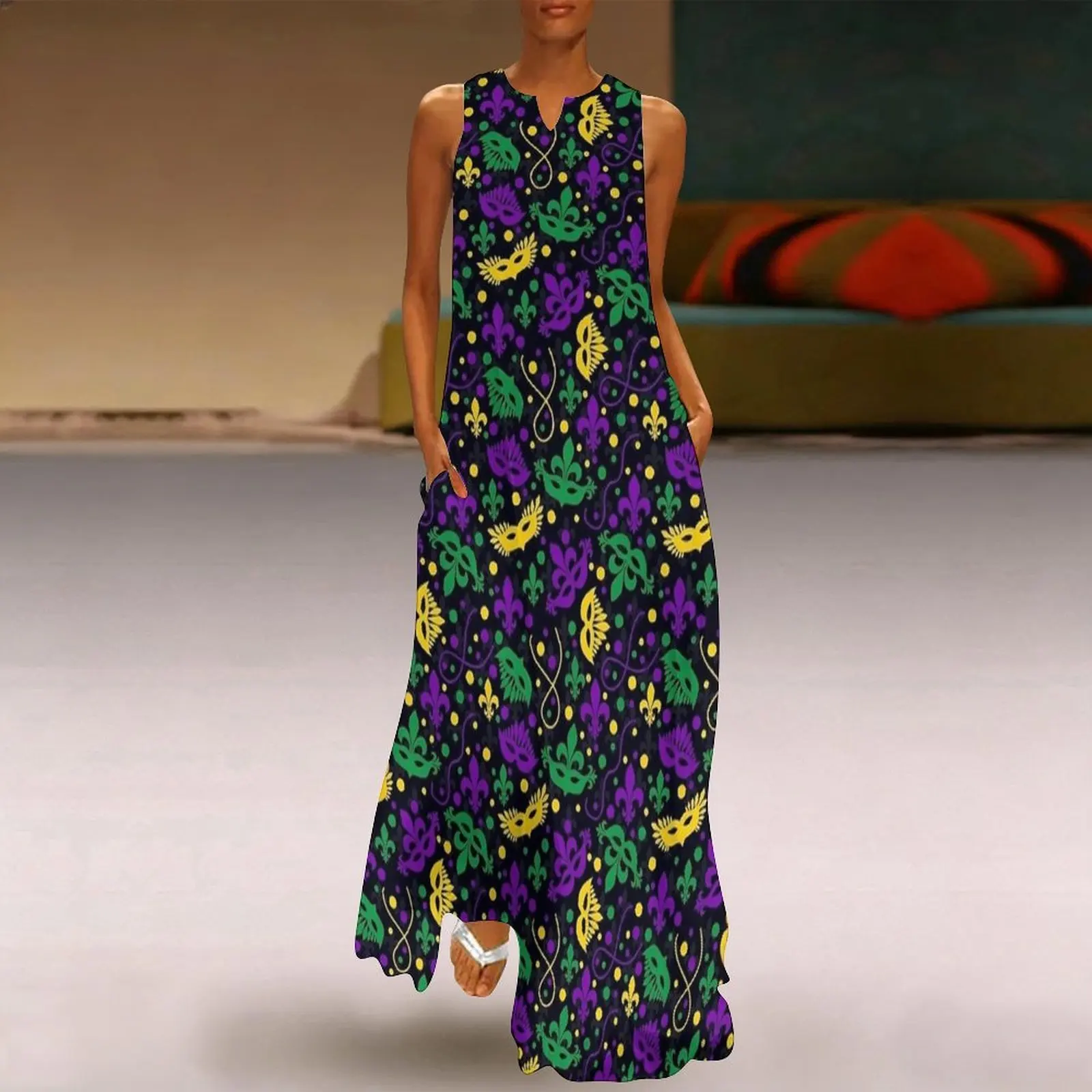 Mardi Gras Mask Fleur De Lis Print Dress Kawaii Maxi Dress Fashion Casual Long Dresses Women V Neck Design Oversized Clothes