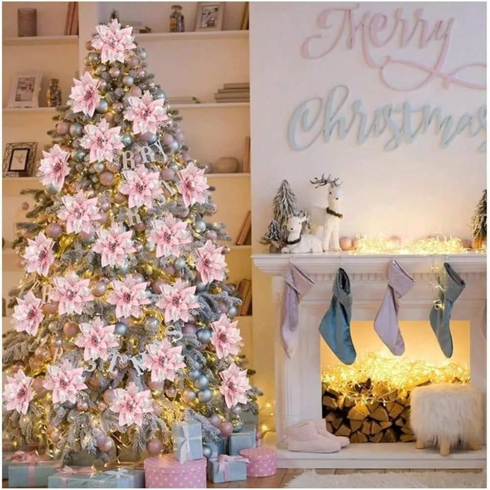 6/12Pcs 5.5Inch Christmas Tree Ornaments, Pink & Blue Glitter Artificial Poinsettia with Clips for Tree Wreath Decor - view 4